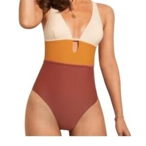 Clip She One Piece Swimsuit Color‎ Block High Cut Leg Plunge Bathing Suit